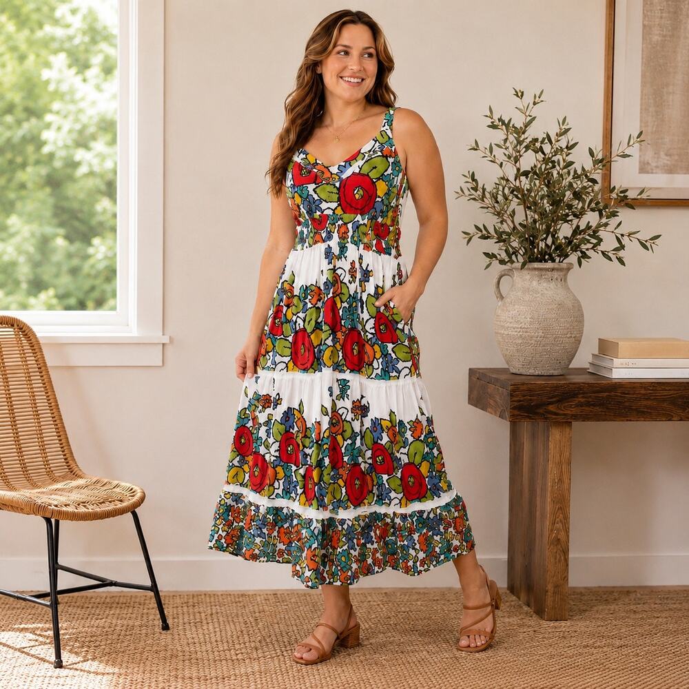 Studio West Floral Maxi Dress Medium Cotton Smocked Tiered Sleeveless Pockets